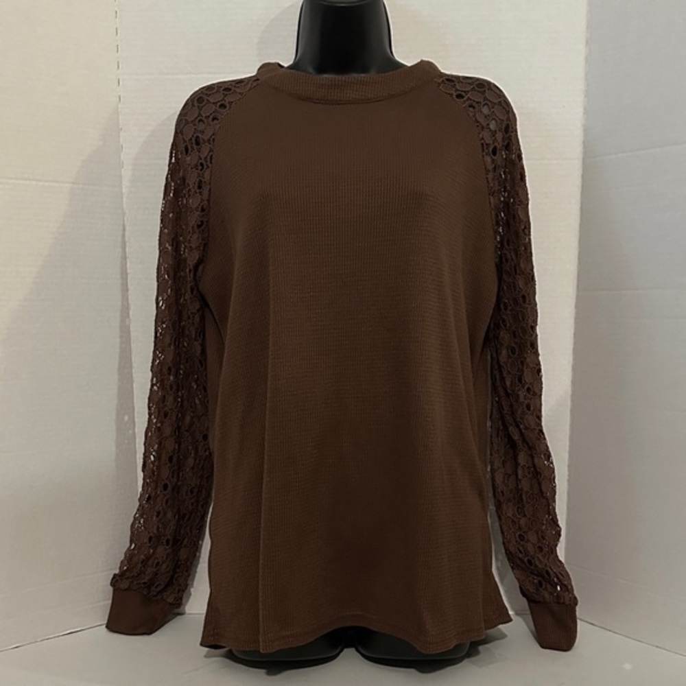 MIHOLL Elegant Brown Lace Sleeve Waffle Top size L